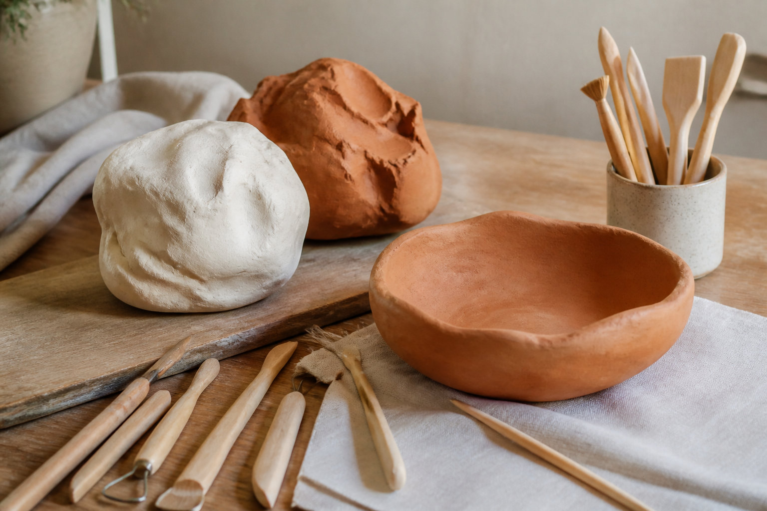 Pains d'argile blanche et terracotta, outils de modelage en bois et coupelle en terre cuite