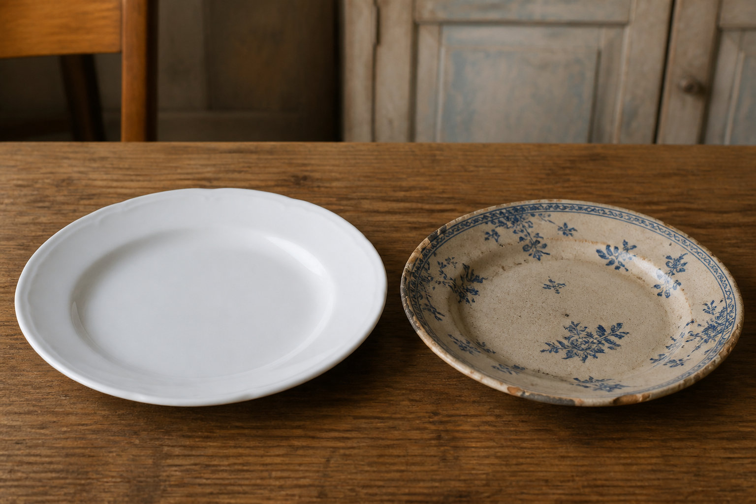 Assiette blanche en porcelaine à côté d'une assiette en faïence ébréchée à motifs bleus