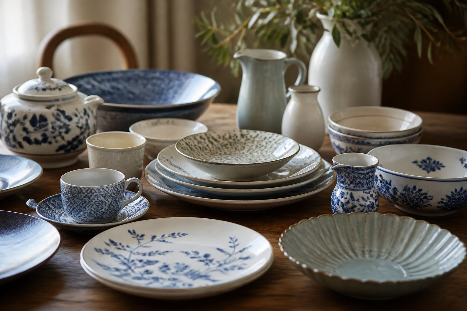 Assortiment de vaisselle en porcelaine à motifs bleus et de faïence sur une table