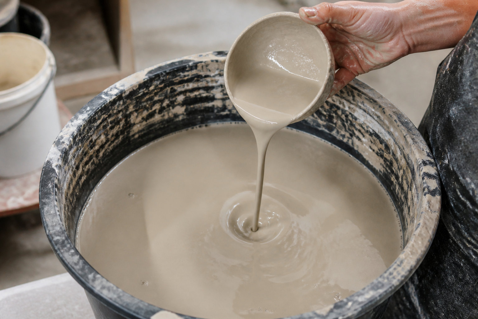 Barbotine liquide versée d'un pichet dans un seau de potier