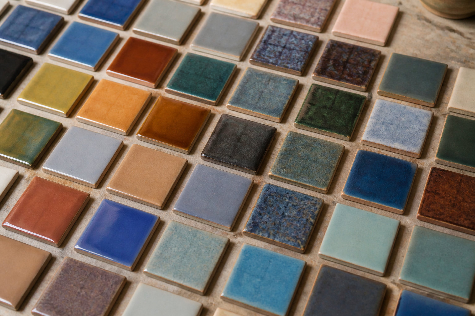 Grille de carreaux d'essai émaillés dans des coloris variés, du bleu au brun