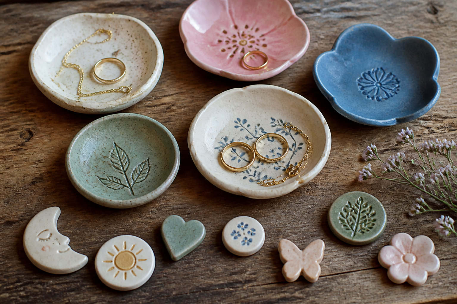 Coupelles à bijoux et petits magnets en argile décorés de motifs végétaux, avec des bagues dorées