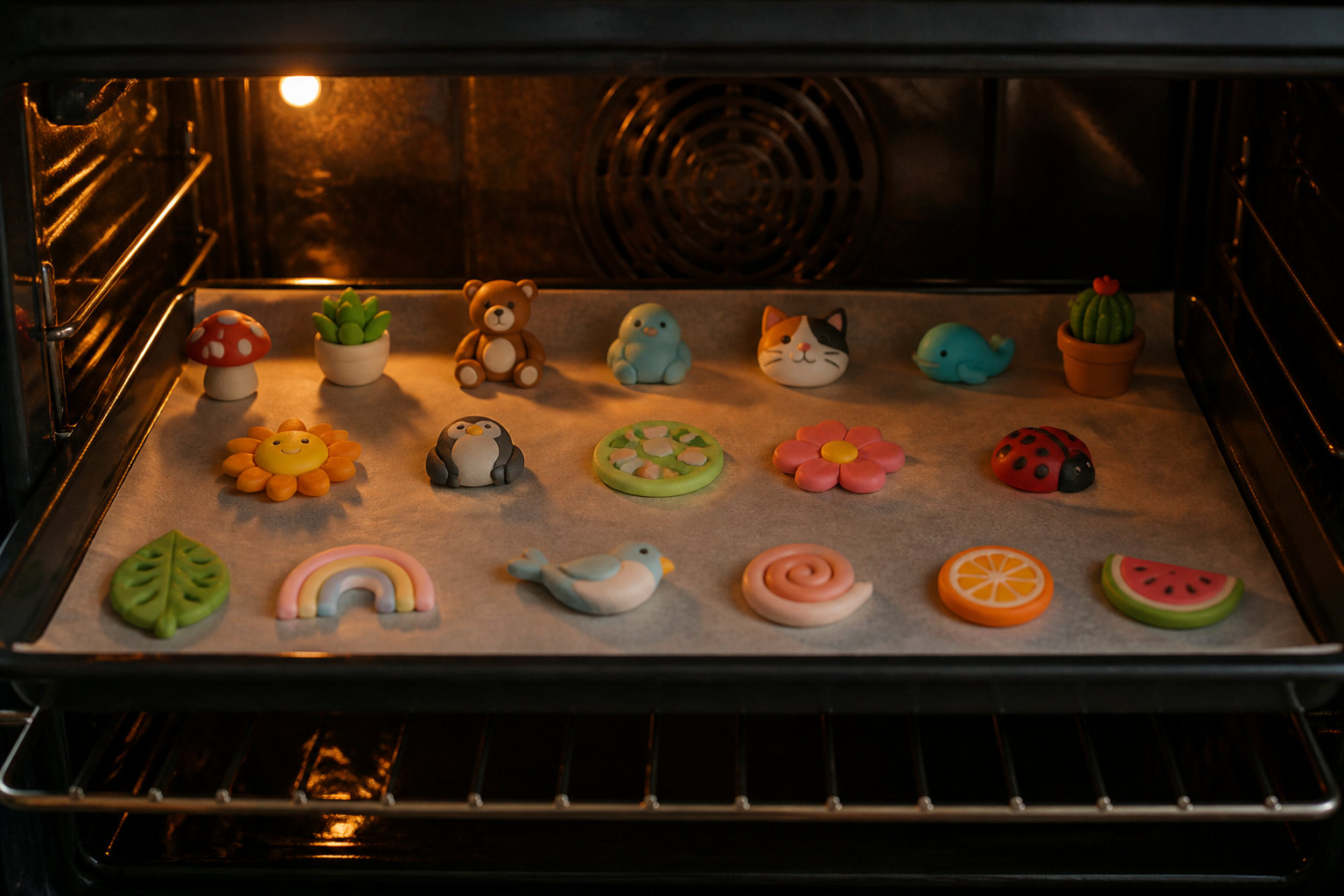 Petites figurines en pâte polymère alignées sur une plaque de cuisson dans un four ménager