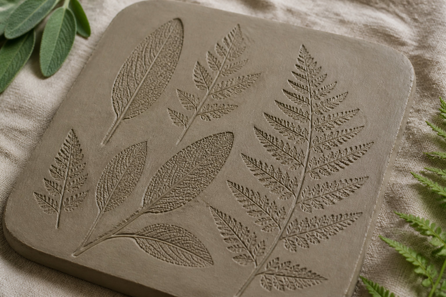 Plaque d'argile portant les empreintes en creux de feuilles de sauge et de fougère