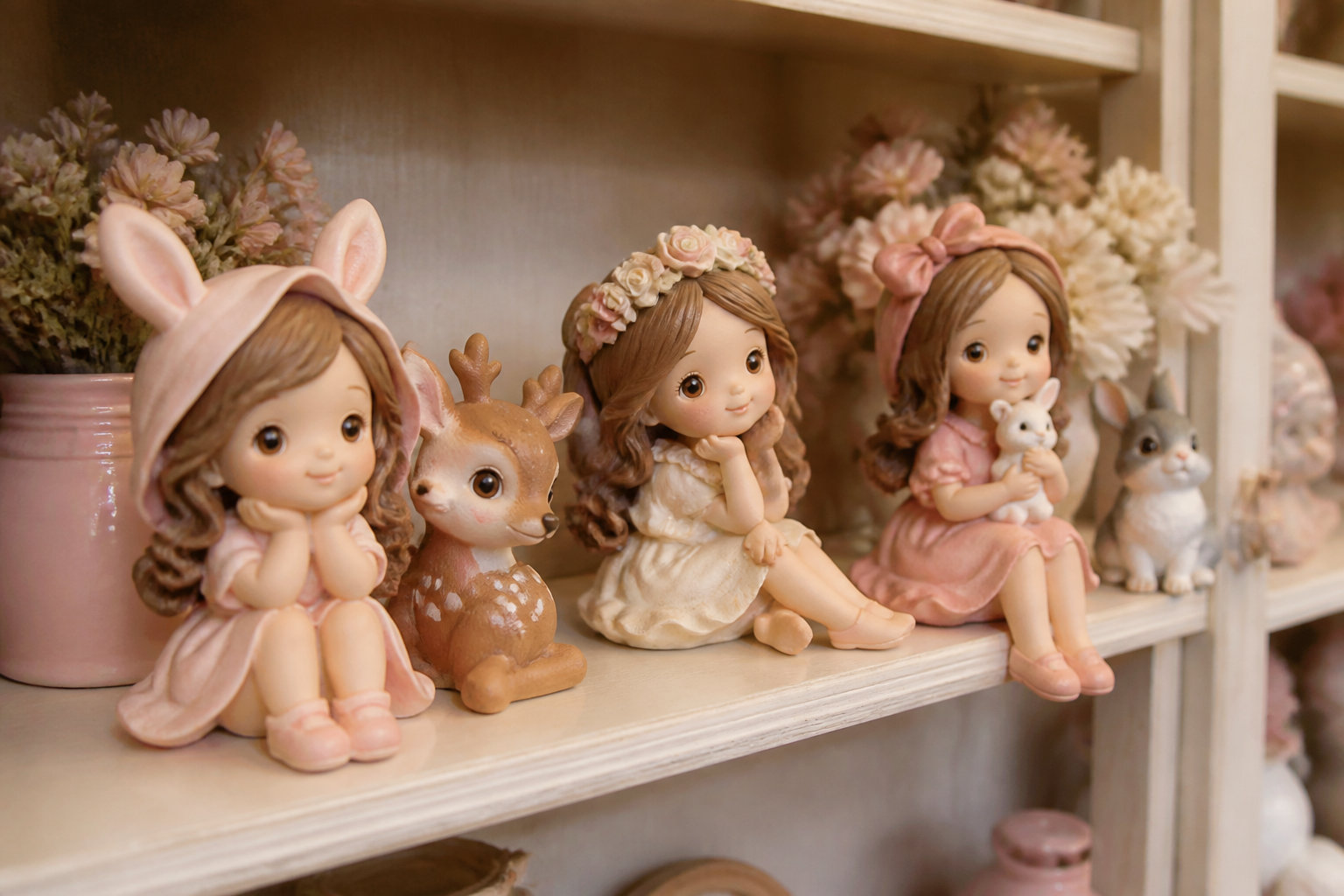 Figurines pastel en porcelaine froide alignées sur une étagère parmi des fleurs séchées