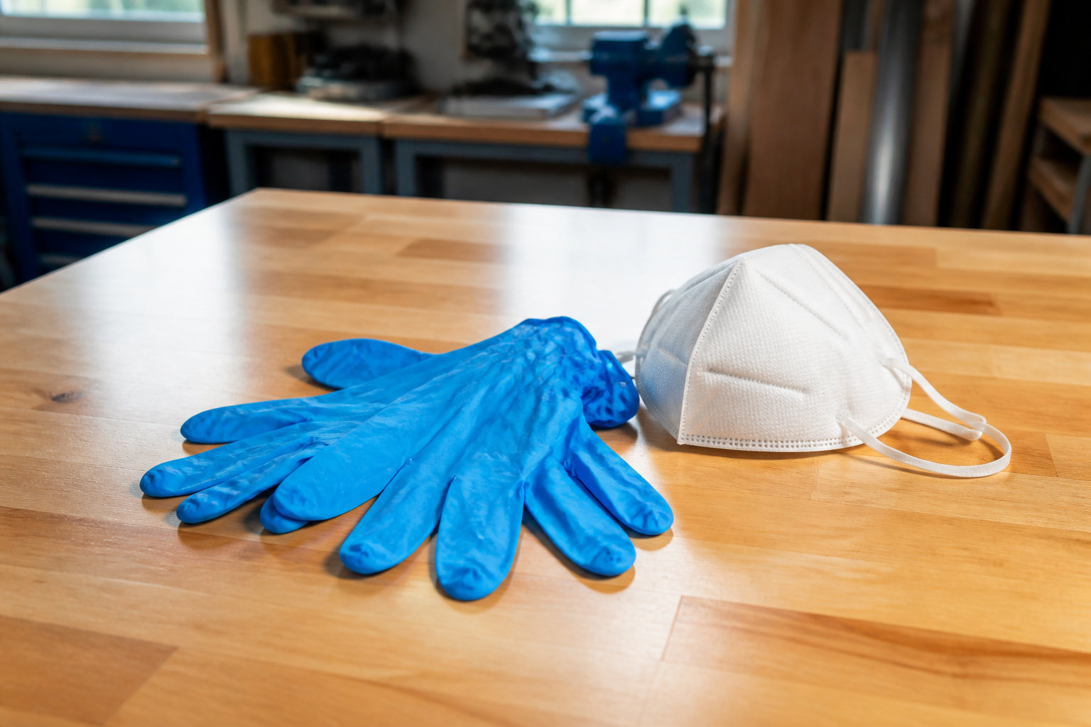Gants en nitrile bleu et masque FFP2 posés sur un établi en bois