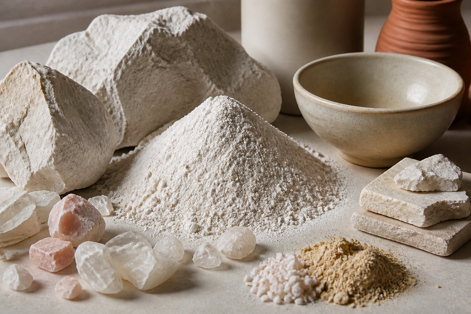 Blocs et tas de kaolin et de minéraux céramiques à côté d'un bol en grès