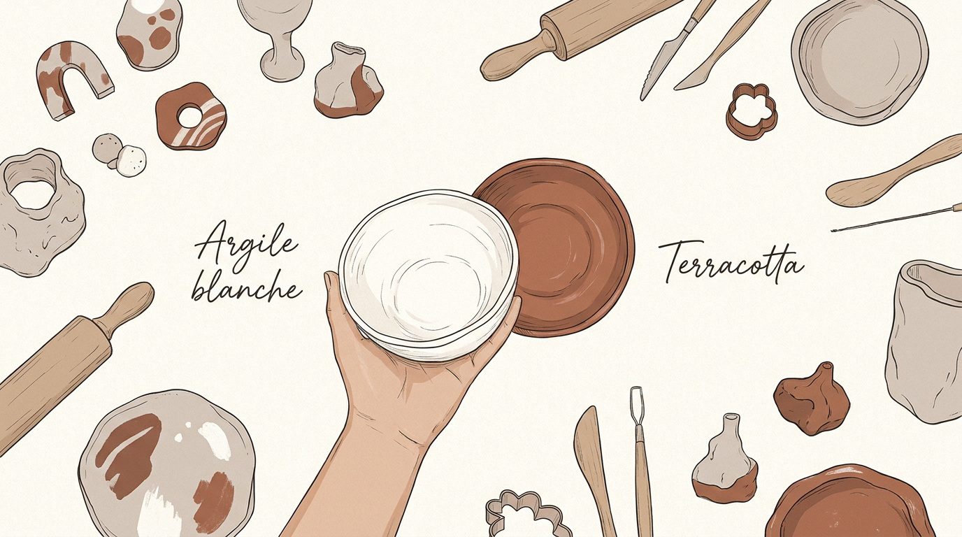 Illustration comparant l'argile blanche et la terracotta, entourée d'outils et de poteries