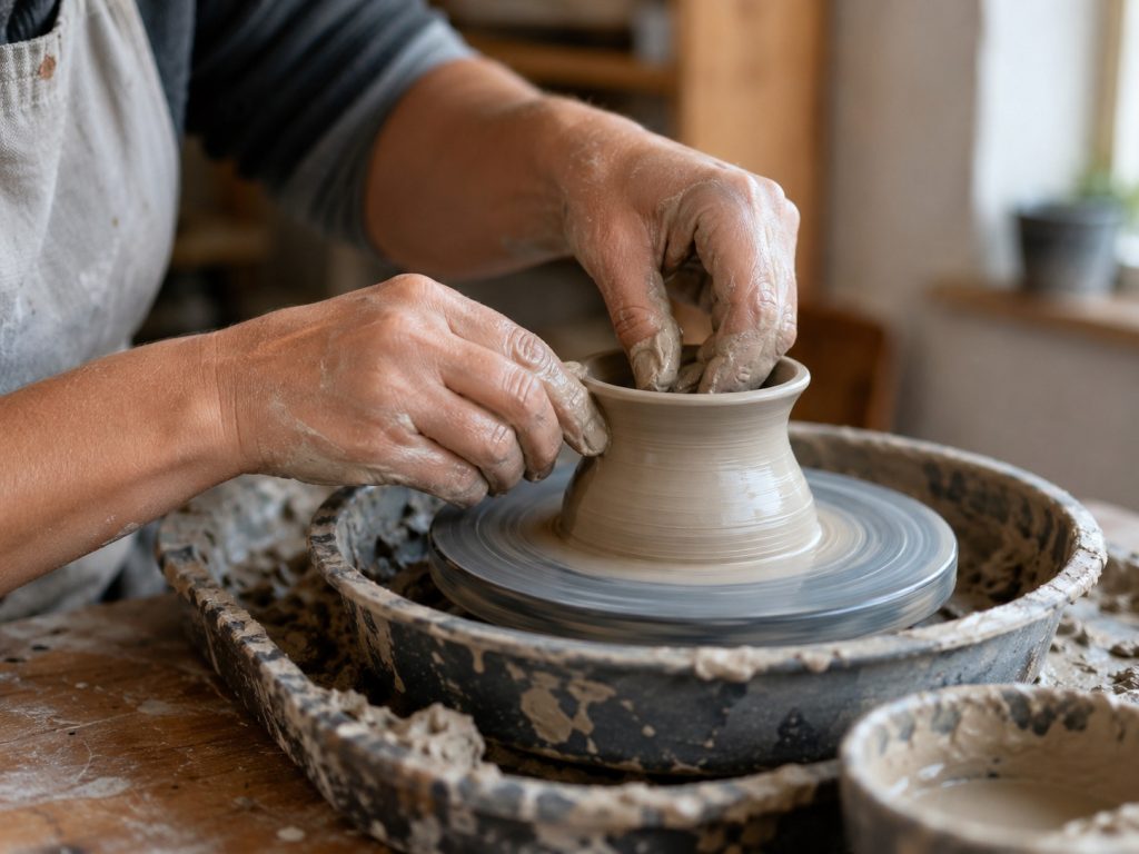 Mains façonnant un vase sur un tour de potier dans un atelier