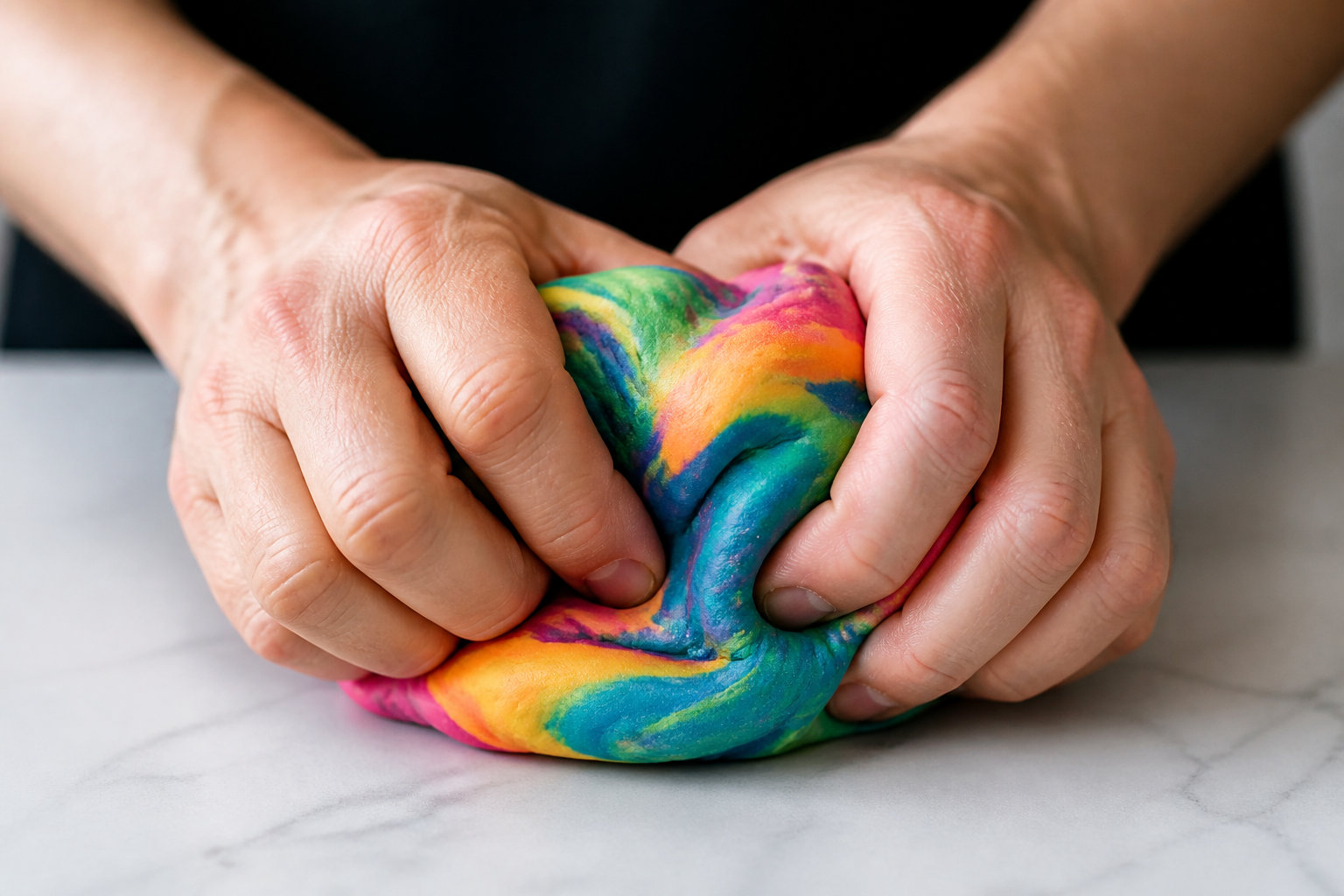 Mains pétrissant une boule de pâte polymère multicolore sur un plan en marbre