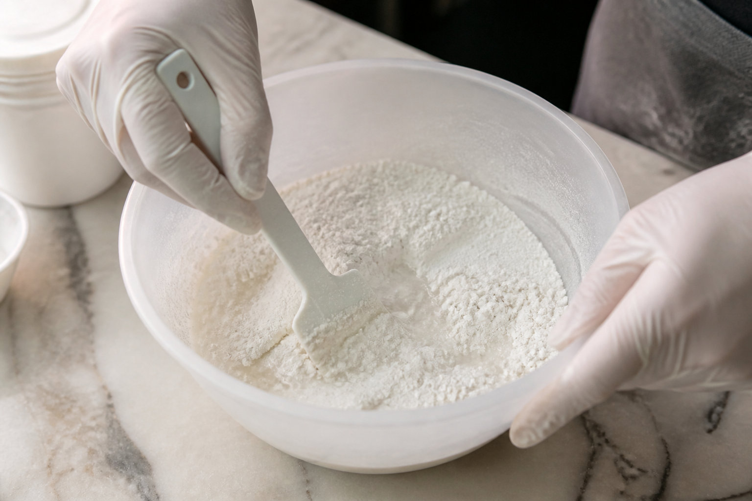 Main gantée mélangeant la poudre au liquide dans un bol à l'aide d'une spatule