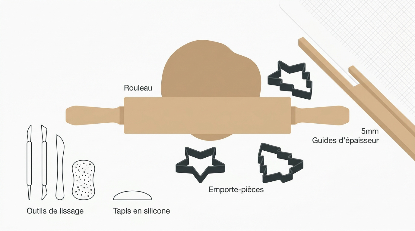 Schéma des outils utiles : rouleau, emporte-pièces, guides d'épaisseur de 5 mm, outils de lissage et tapis en silicone