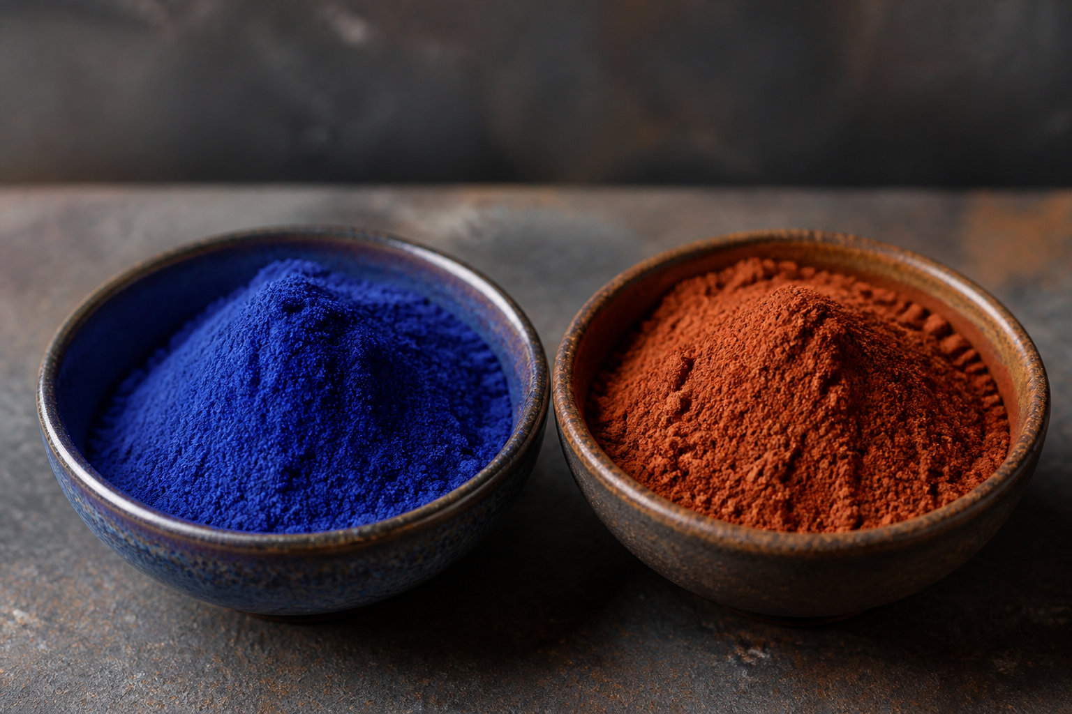 Coupelles d'oxyde de cobalt bleu et d'oxyde de cuivre rouge orangé
