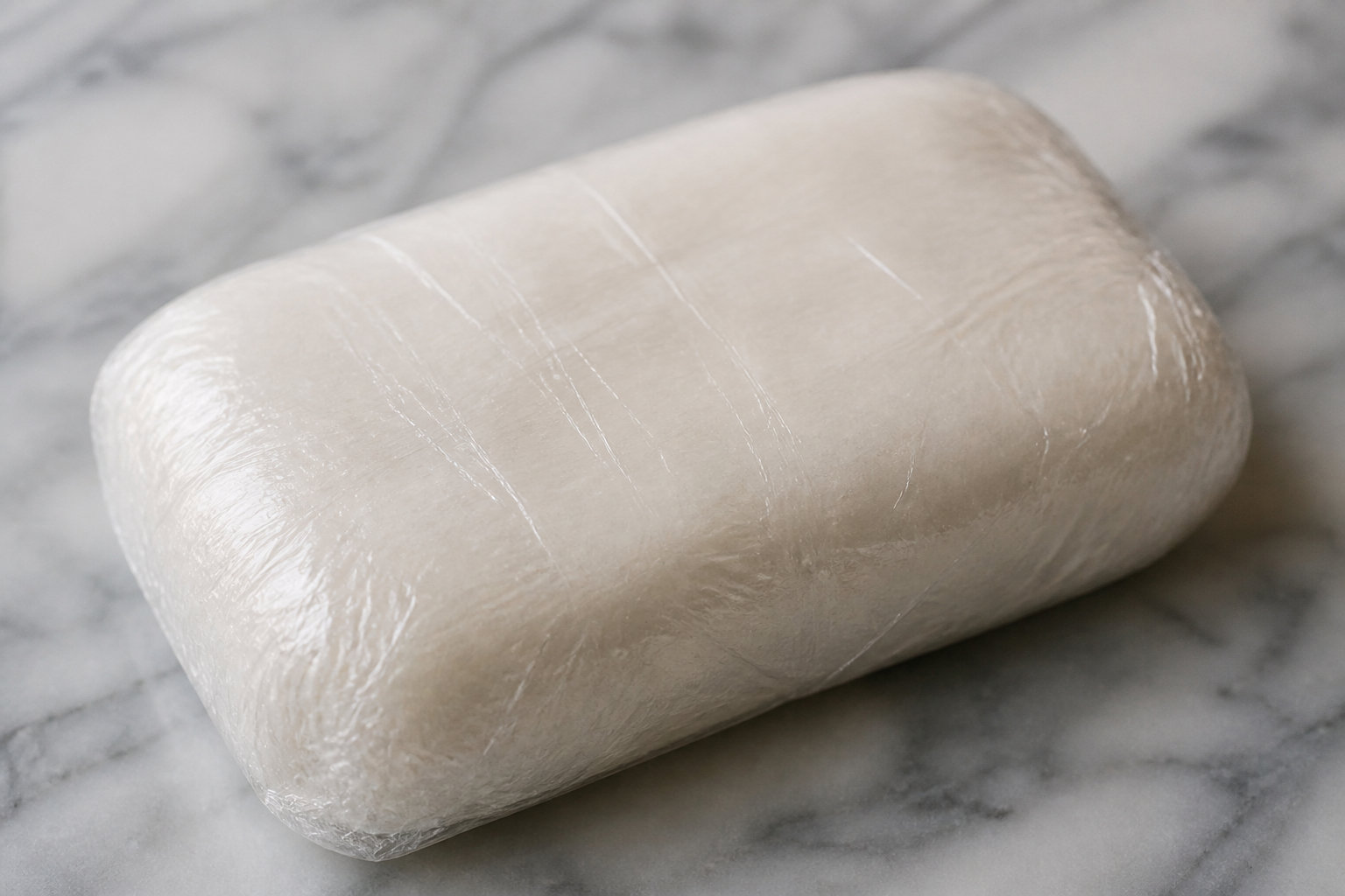 Pain de porcelaine froide emballé serré dans du film étirable sur un plan en marbre