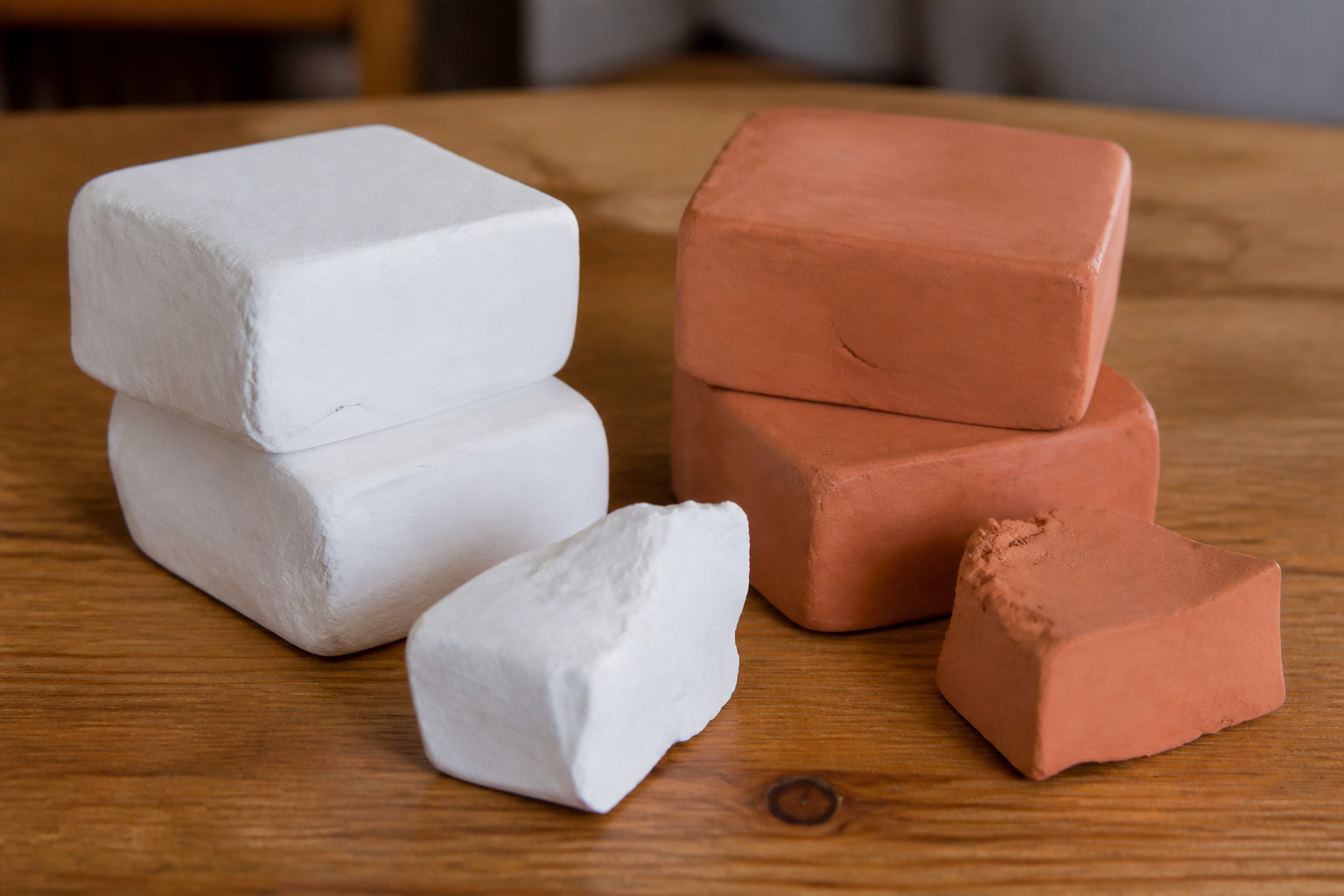 Pains d'argile autodurcissante blanche et terracotta empilés sur une table en bois
