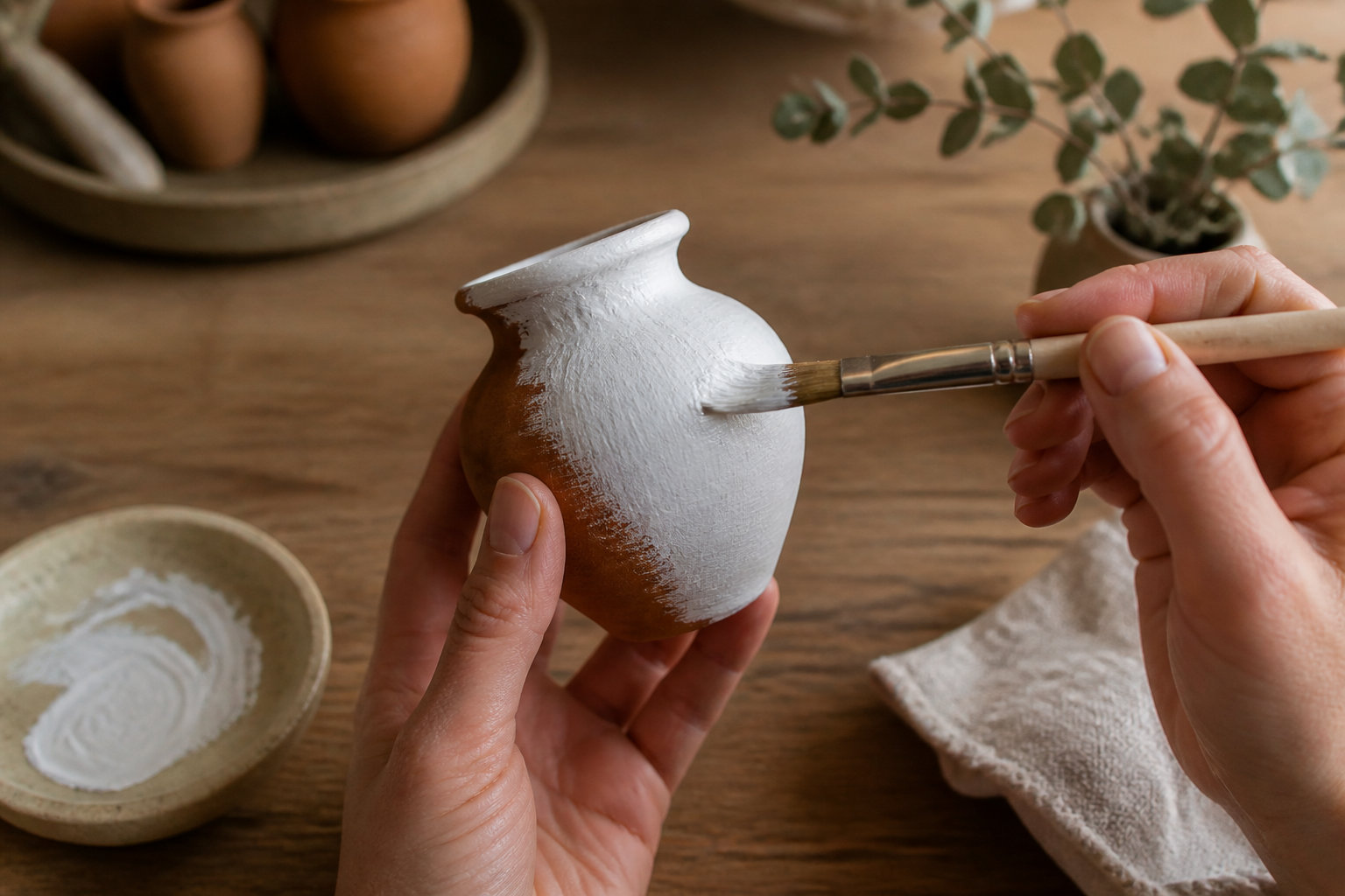 Mains peignant un petit vase en argile blanche au pinceau