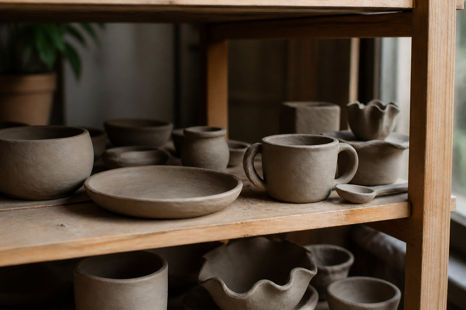 Étagères garnies de pièces en argile crue, bols, tasses et coupelles, dans un atelier