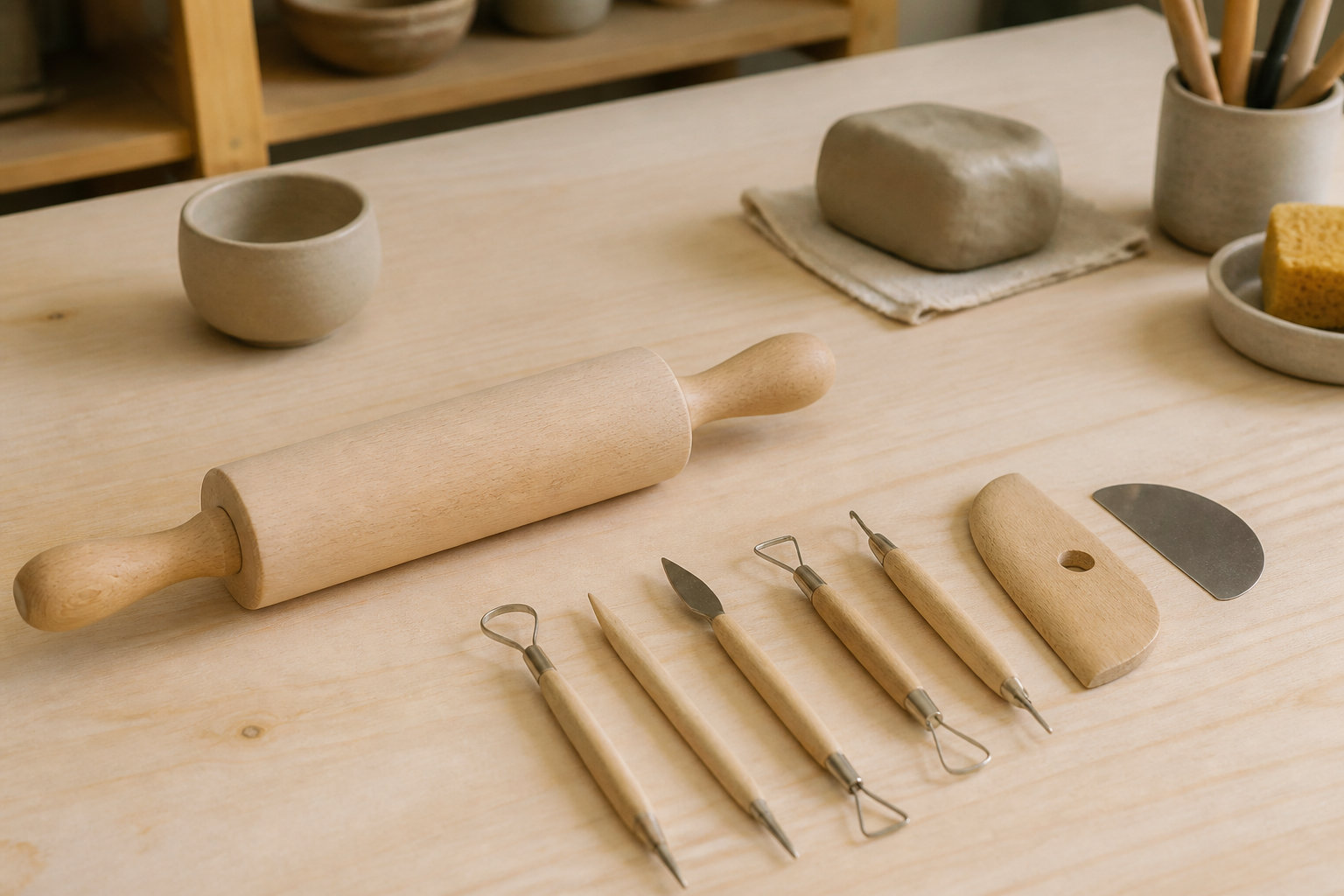Rouleau en bois et série d'outils de modelage alignés sur un plan de travail