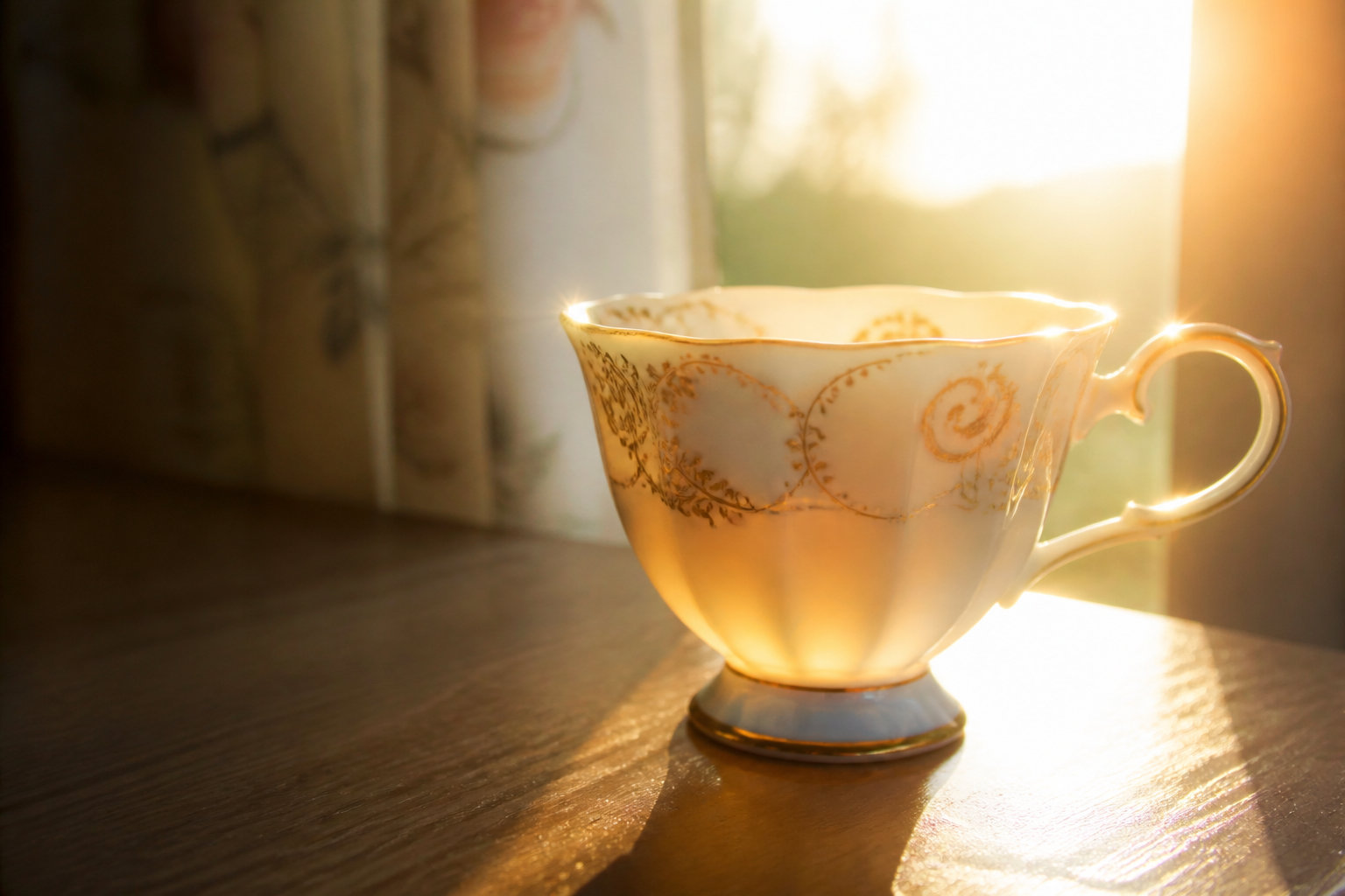 Tasse en porcelaine fine à décor doré traversée par la lumière du soleil