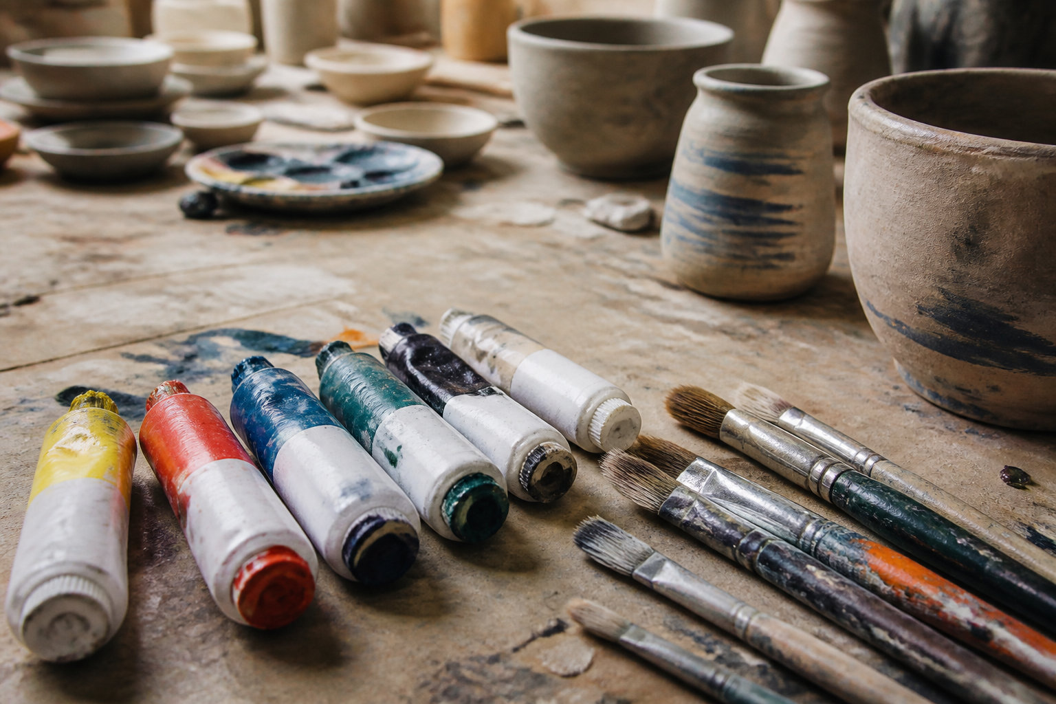 Tubes de peinture acrylique et pinceaux posés sur un établi encombré de poteries